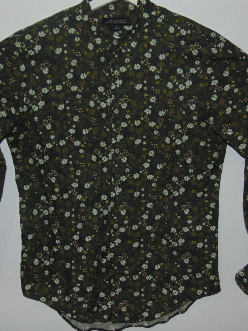 Zara Man Shirt Men Large Long Sleeve Slim Fit Green Floral Classic Button-Up